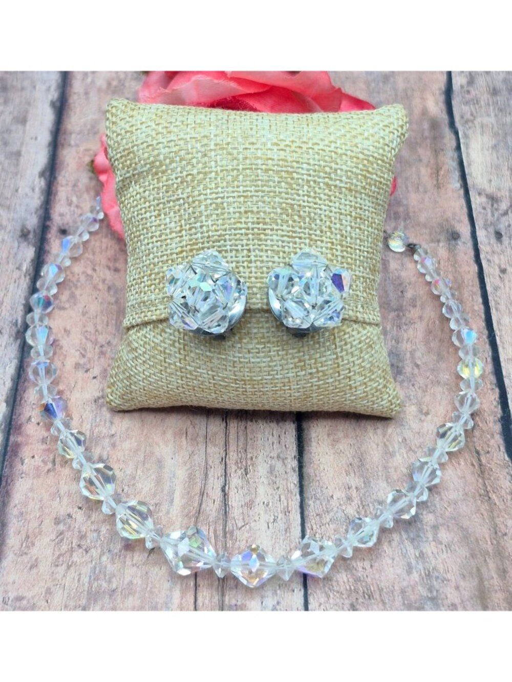 VTG AB Crystal Collar Necklace & Clip On Cluster Earrings Set Arora Borealis